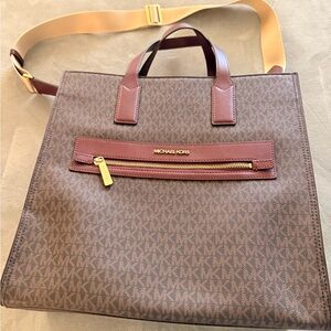 Michael Kors Brown Monogram Messenger Tote with Gold Accents